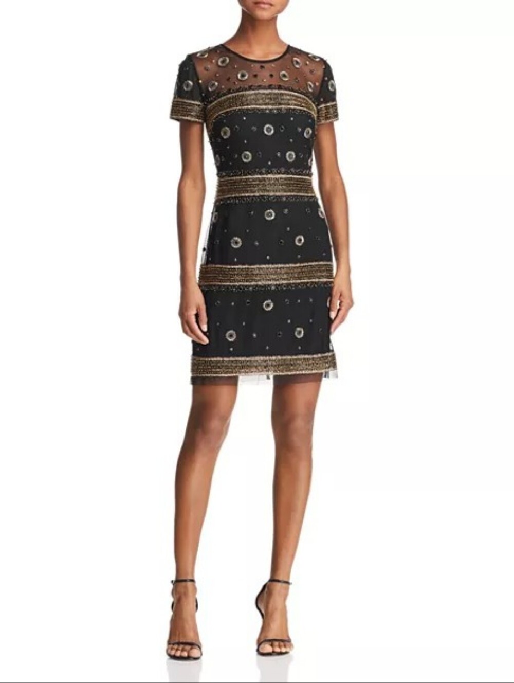 Aidan Mattox Beaded Cocktail Dress Black Gold Sheath Size 2 Art Deco Glam